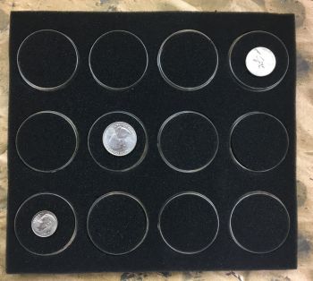 12, 1 3/4 Inch Black Gem Jars & Foam Insert for Gemstone, Fossils, Coins